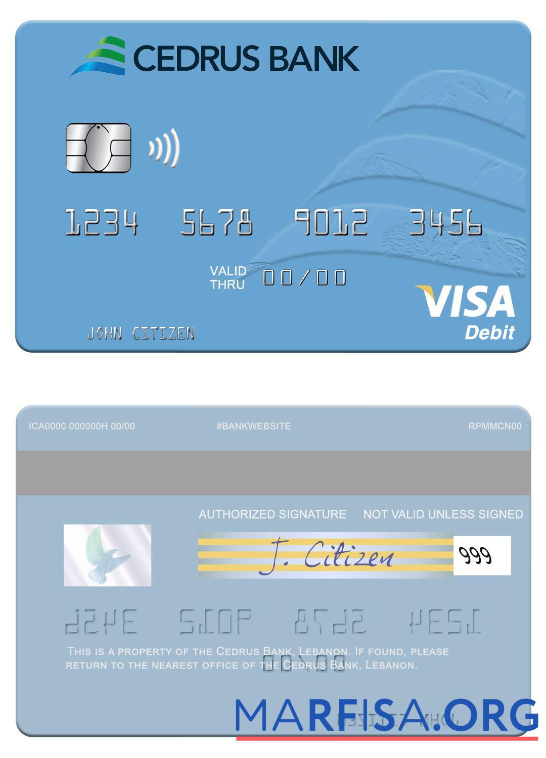 Downloadable Lebanon Cedrus Bank visa debit card real example